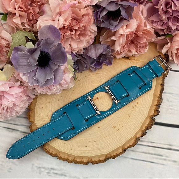 Vegan Leather Blue Double Cuff Watchband for Apple - Picture 8 of 14